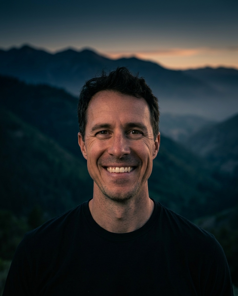 Josh Stika, founder of Keep & Key, with a dark dusk mountain backdrop
