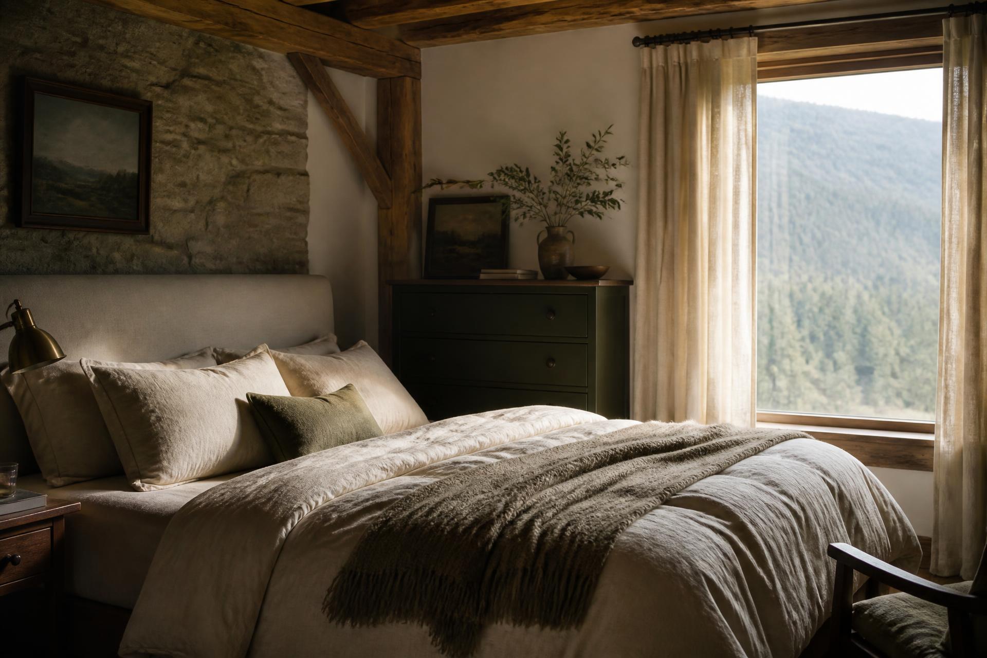 Made bed with cream linens in a timber and stone mountain bedroom in morning light